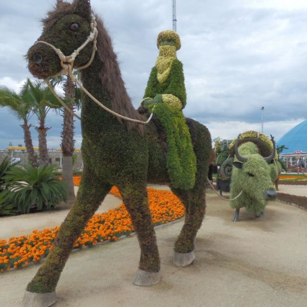 EXPO 2016 Antalya. Skulpturer lavet af græsser og blomster. En karavane på Silkevejen.