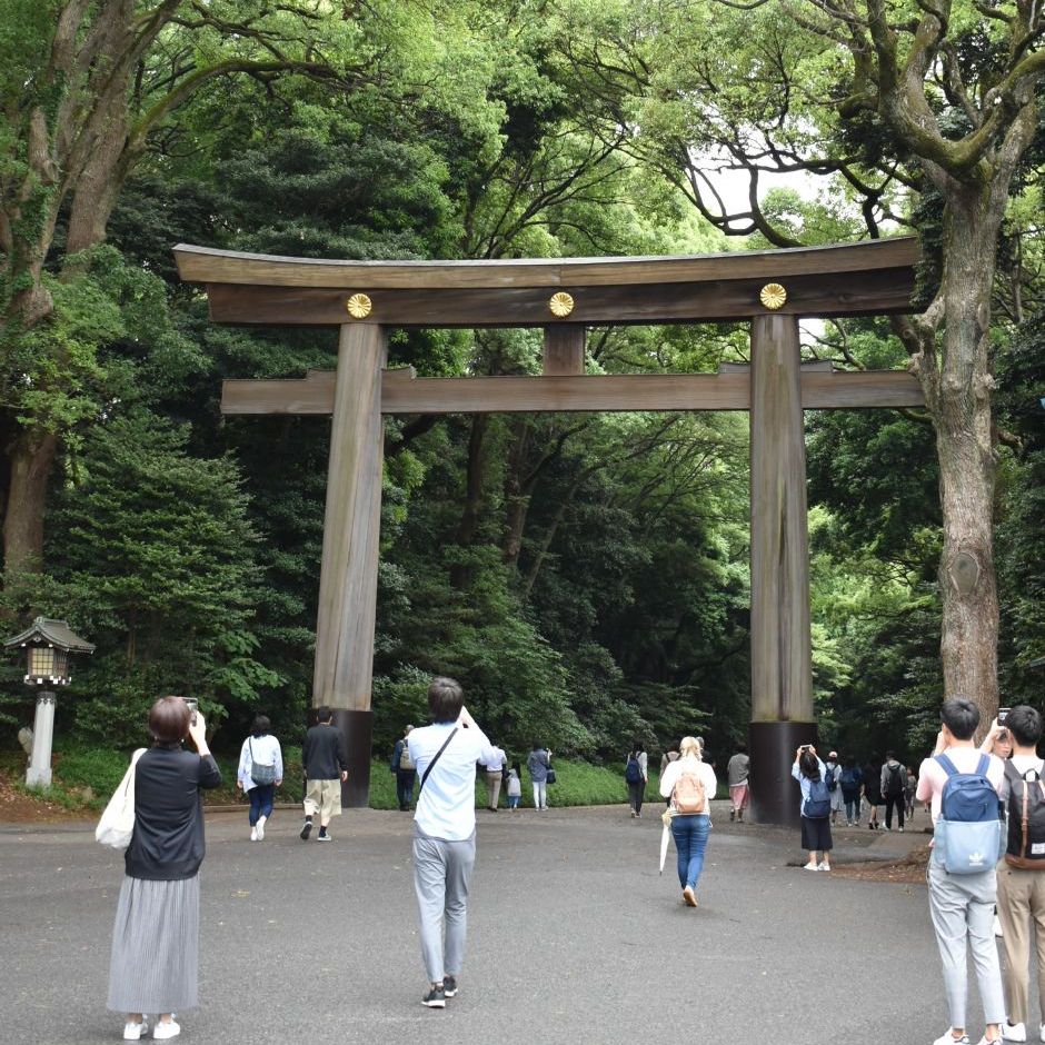 Indgang til Meiji Jingu-helligdommen med den flotte Torii port med kejserens krysanthenum sejl.