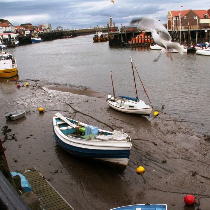 Whitby by, en lille hyggelig havn ved ebbe.