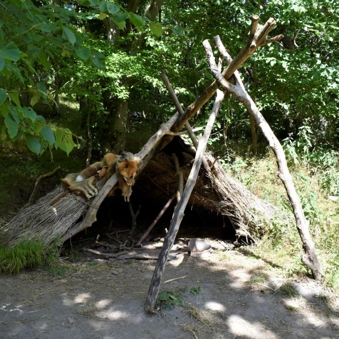 Sagnlandet Lejre.
Stenalder bopladsen Athra - Ertebøllehytter.
Mesolithic Stone Age settlement